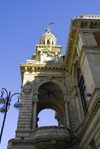 Azerbaijan - Baku: city hall balcony and clock tower - Istiglal st. - photo by Miguel Torres