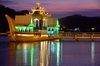 Bandar Seri Begawan, Brunei Darussalam: stone replica of the royal barge of Sultan Bolkiah Mahligai in the lagoon by the Sultan Omar Ali Saifuddin mosque - photo by M.Torres