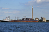 Toronto, Ontario, Canada: freighter Algontario at Polson pier grain terminal - bulk carrier built by Schlieker-Werft, Hamburg - Algoma Central Corporation - Great Lakes Fleet - callsign VCKD - Richard L Hearn Generating Station in the background - photo by M.Torres