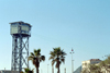 Catalonia - Barcelona: cable car tower - Torre Sant Sebastia - steel truss / lattice tower - terminal of the harbour aerial tramway - Moll Nou, Barceloneta - architect Carles Boigas - Transbordador Aeri - photo by M.Bergsma