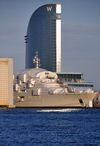 Barcelona, Catalonia: super-yacht and W Barcelona Hotel, architect Ricardo Bofill, Barceloneta - photo by M.Torres