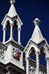 Bogota, Colombia: Iglesia del Carmen - decorative turrets with spiraled columns - Centro Administrativo - La Candelaria - photo by M.Torres