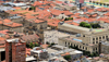 Bogota, Colombia: old town from above - red roofs and Plaza de Bolivar - Palacio Livano, Palacio de Justicia, Cathedral and Capitolio - La Candelaria - photo by M.Torres