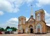 Brazzaville, Congo: Cathedral of the Sacred Heart with Jesus, St Paul and St Peter on the facade and souvenirs' stall nearby - Cathdrale du Sacr Cur / Cathdrale Saint Firmin (1892) - designed by Monseigneur Augouard - Quartier de l'Aiglon - photo by M.Torres