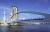 Salford Quays, Salford, England: The Lowry (Lifting) Footbridge, over the Manchester Ship Canal - civil engineering - photo by D.Jackson