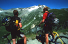 Chamonix, Haute-Savoi, Rhne-Alpes, France: two mountainbikers pause for taking in the view - Tour du Mont Blanc trail - photo by S.Egeberg