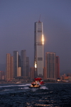 Hong Kong: boat and International Commerce Centre / ICC tower - designed by Kohn Pedersen Fox Associates, Tsim Sha Tsui, West Kowloon - photo by M.Torres