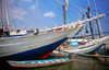 Sunda Kelapa, South Jakarta, Indonesia - prows of pinisiq / phinisi / pinisi boats, operated by Bugis people - the old port of Sunda Kelapa - photo by B.Henry