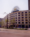 North Korea / DPRK - Pyongyang: Party symbols over an apartment building (photo by M.Torres)