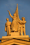 Bishkek, Kyrgyzstan: Opera and Ballet Theater - central group of statues above the pediment - Y.Abdrakhmanov street - photo by M.Torres