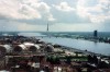 Latvia / Latvija - Riga: over the Daugava - bus terminal and TV tower on Lutzausholm island / TV Tornis, Salu tilts, Lucavsala (photo by Miguel Torres)