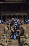 Bhaktapur, Bagmati zone, Nepal: school children on the stairs of Nyatapola temple, a five-tiered pagoda dedicated to the Hindu goddess Siddhi Lakshmi, the wrathful manifestation of the Goddess Durga - photo by W.Allgwer