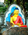 Kathmandu valley, Nepal: Swayambhunath temple - Buddha statue and monkeys - Dhyani Buddha Akshobhya - photo by G.Friedman