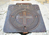 Bethlehem, West Bank, Palestine: St. Catherine's Roman Catholic church - covered water well - cross of Jerusalem - photo by M.Torres