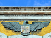 Cagliari, Sardinia / Sardegna / Sardigna: bronze eagle over golden mosaic, bearing the coat of arms of Cagliari - central element of the faade of the City Hall / Palazzo Civico - Via Roma - Piazza Matteotti - quartiere Stampace - photo by M.Torres