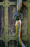 Lhasa, Tibet: Potala Palace - door detail - Tibetan ceremonial scarf, Khata or Hada - photo by Y.Xu