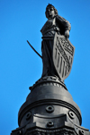 Cleveland, Ohio, USA: Public Square - Soldiers' and Sailors' Monument - column topped with a bronze statue of the 'Goddess of Liberty', armed with a sword and defended by the Shield of Liberty, signifies forced loyalty to United States for the southern states - photo by M.Torres